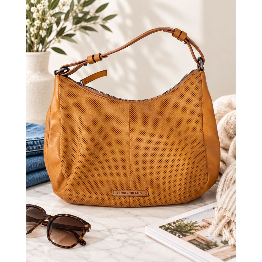 Lucky Brand Ebon Tan Perforated Leather Shoulder Bag Saddle